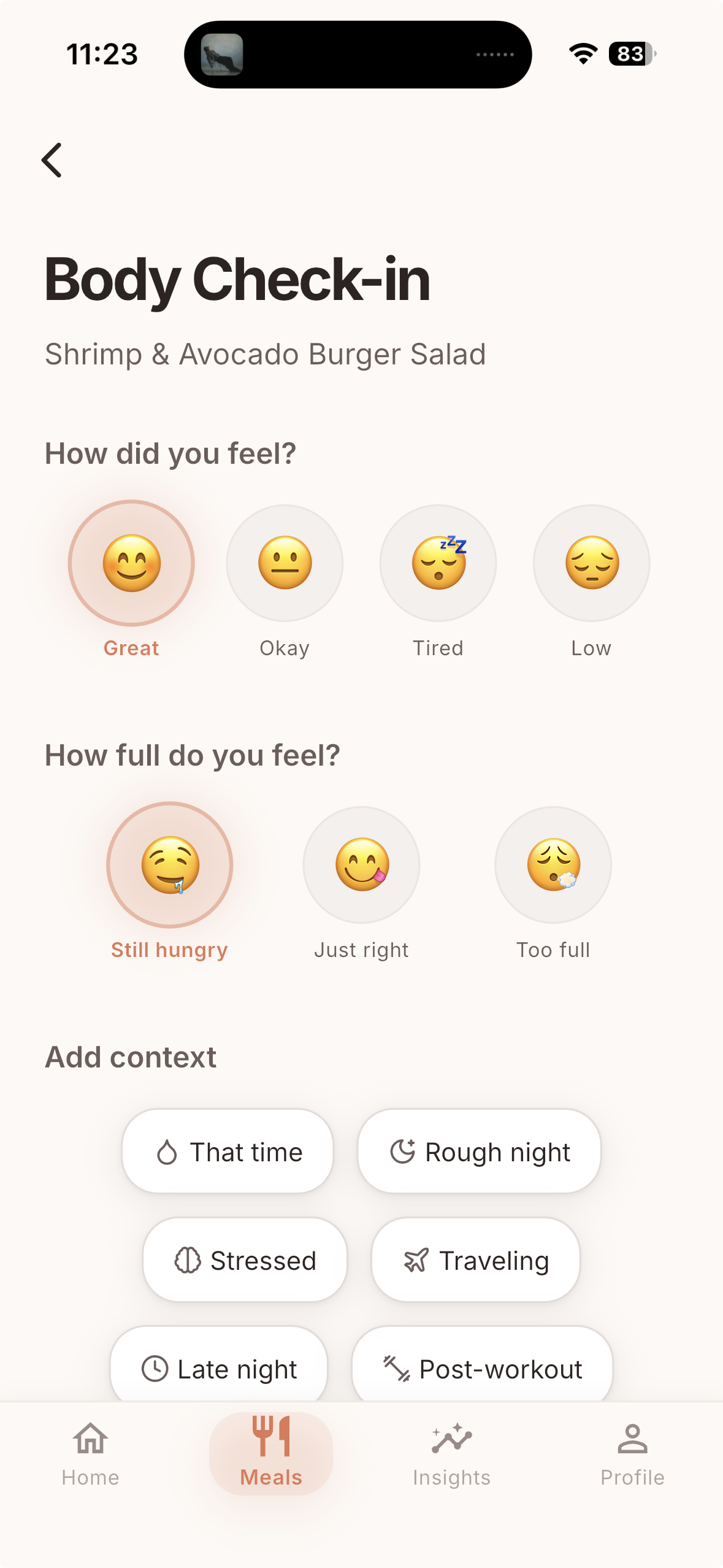 Body check-in after a meal — mood, fullness, and context.