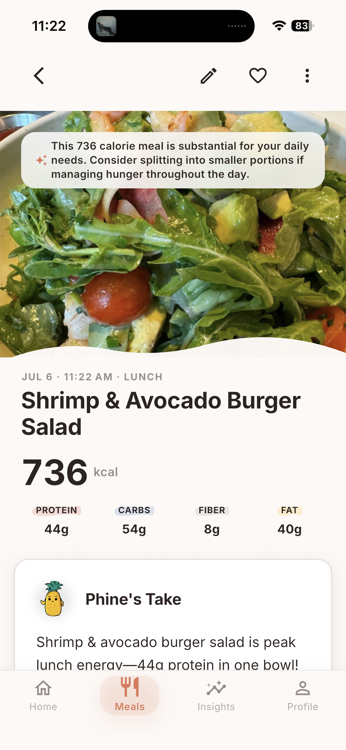 Logged meal with photo, estimate, and Phine's take.
